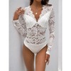 Womens Lace Long Sleeve Little Stretch Bodysuit V Neck Sheer Mesh Cheeky Body Suit Lace Back Slim Fit Jumpsuits Stretch Hollowout Leotard - 4 of 4