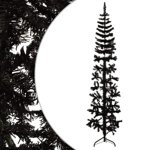 vidaXL Slim Artificial Half Christmas Tree - Space-Saving 7 ft Black PVC Christmas Tree with Steel Stand - Modern Style - 1 of 4