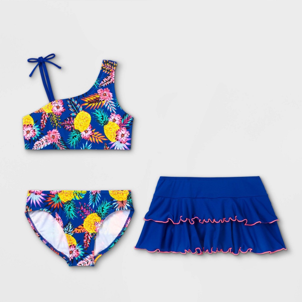 size large 14/16 Girls' Tropical Paradise 3pc Bikini Set - Cat & Jack Blue XL