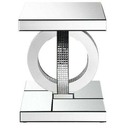 Silver Mirrored Glass Square End Table with Rings Base