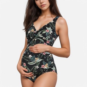 Anna-Kaci Swim Women's Tropical Print One-Piece Maternity Swimsuit with V-Neck and Ruched Sides for Growing Belly - 1 of 4