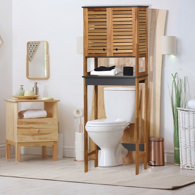 Gray and Acacia Wood Over-the-Toilet Storage Cabinet