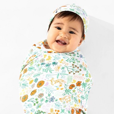 Bellabu Bear Baby Summer Floral Bamboo Swaddle & Beanie Set