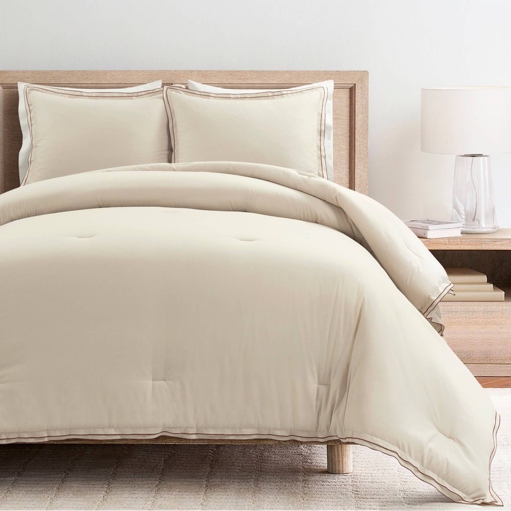 Lush D&eacute;cor 3pc Full/Queen Hampton Double Flange Embroidered Contrast Edge Comforter Set Neutral/Copper: Cotton Backing, Year-Round Use