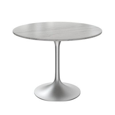 LeisureMod Verve 36" Round Dining Table, Modern Sintered Stone Top Dining Table with Brushed Chrome Stainless Steel Pedestal Table Base