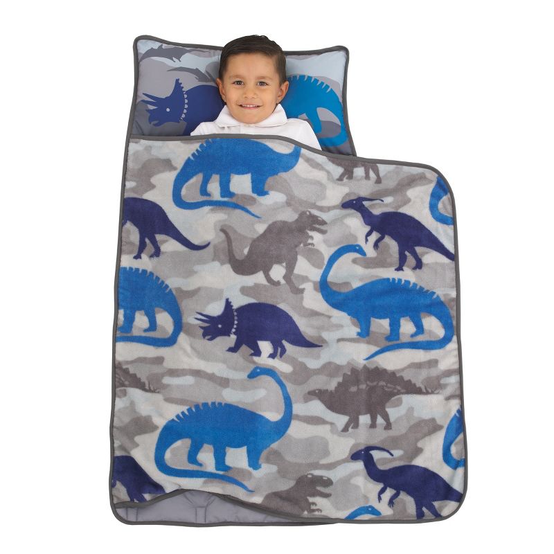 Everything Kids Blue and Grey Dino Toddler Nap Mat with Pillow and Blanket, 1 of 5