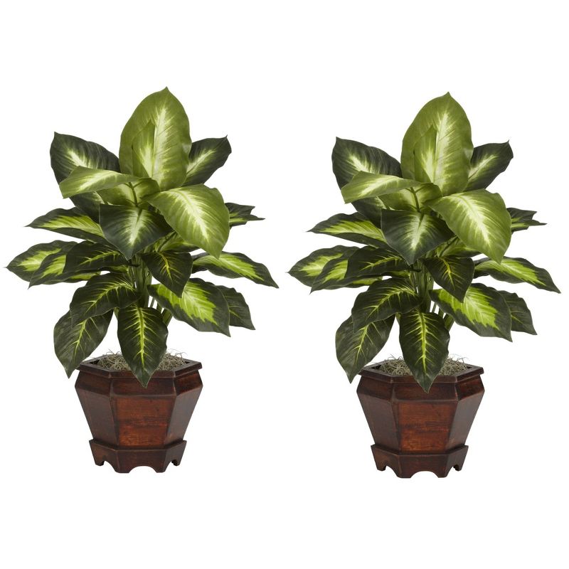 Nearly Natural 20.5-in Dieffenbachia w/Wood Vase Silk Plant (Set of 2), 1 of 7