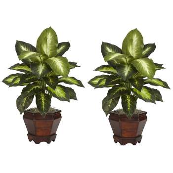 Nearly Natural 20.5-in Dieffenbachia w/Wood Vase Silk Plant (Set of 2)