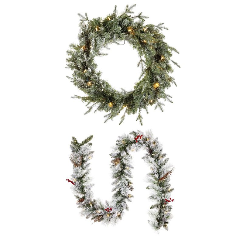 Noma 24 Inch Pre-Lit Frosted Fir Artificial Wreath & 9 Foot Snow Dusted Berry Garland Holiday Mantle Decor with Warm White LED Lights, Green, 1 of 7