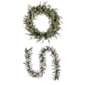 Noma 24 Inch Pre-Lit Frosted Fir Artificial Wreath & 9 Foot Snow Dusted Berry Garland Holiday Mantle Decor with Warm White LED Lights, Green