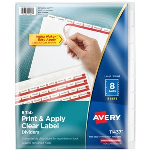 Avery 8 Tab Dividers for 3 Ring Binder, Easy Print & Apply Clear Label Strip, Index Maker Customizable White Tabs, 5 Sets (11437) - 1 of 4