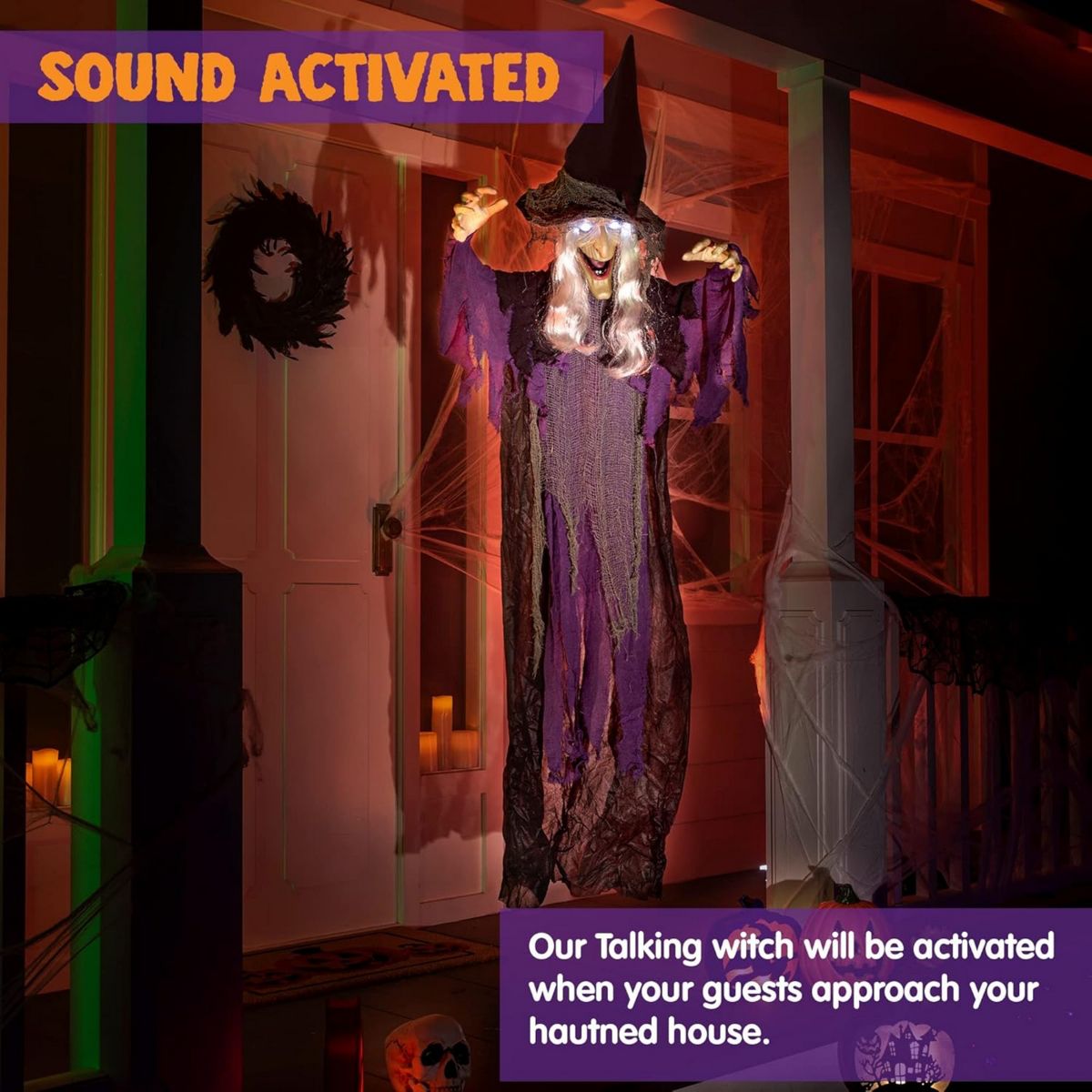 Joyfy Halloween Witch Decoration, Hanging Talking Witch Decorations Prop with Light Up Eyes for Halloween Outdoor, Indoor, Haunted House Decor - thumbnail 7