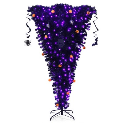 Costway 7ft Upside Down Christmas Halloween Tree Black w/400 Purple LED Lights