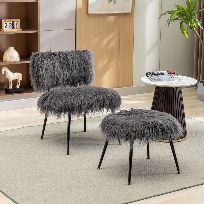 25''W Faux Fur Plush Accent Chair With Ottoman, Fluffy Upholstered Armless Chair With Stool-ModernLuxe, 1 of 8