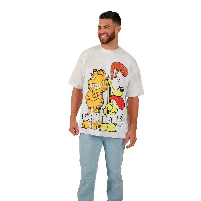 Garfield Odie & Garfield Logo Crew Neck Short Sleeve Oversized Drop Shoulder White & Brown Wash Men's T-shirt, 2 of 5