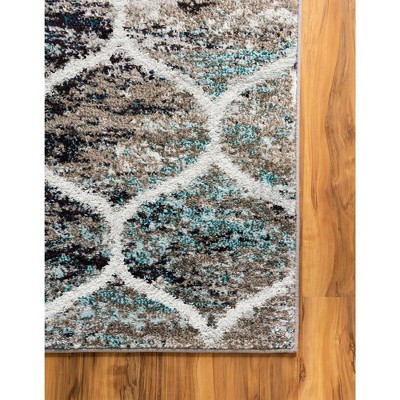 Square Blue and Beige Synthetic Trellis Area Rug