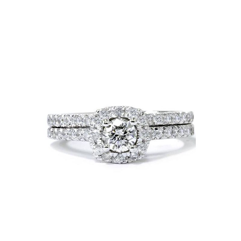 Pompeii3 1 ct Diamond Cushion Halo Engagement Wedding Ring Set 14k White Gold, 3 of 6