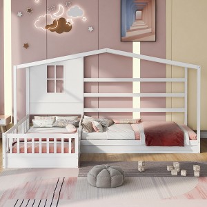 Twin Size L-Shaped Wood House Bed for 2 Kids, L shaped Corner Daybed with Fence and Slatted Frame for Bedroom - 1 of 4