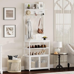 Hall Tree with Mesh Doors, 72.8in White Coat Rack Shoe Storage, Narrow Coat Tree Shoe Shelf Organizer with 7 Hooks - 1 of 4