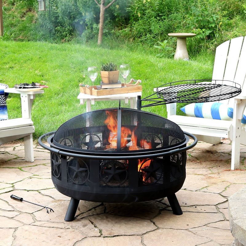Sunnydaze Outdoor Portable Camping or Backyard Steel Large All Star Fire Pit Bowl with Spark Screen and Cooking Grate - 30" - Black, 3 of 12