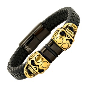 Steeltime Men's black braided leather bracelet with 18k gold plated and black ip stainless steel skull accents - 1 of 4