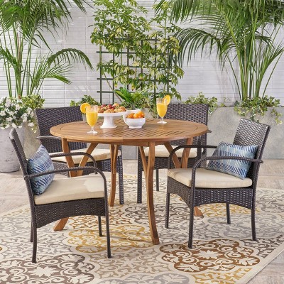 Chilton 5pc Acacia Wood & Wicker Dining Set - Teak/Brown/Cream - Christopher Knight Home