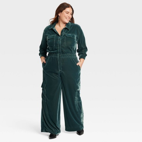 Women s Long Sleeve Velvet Cargo Jumpsuit Universal Thread Green 28 Target