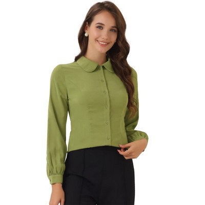 Allegra K Women's Work Peter Pan Collar Long Bishop Sleeve Button Down Shirt