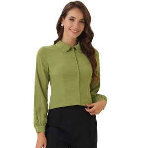 Allegra K Women's Work Peter Pan Collar Long Bishop Sleeve Button Down Shirt - 1 of 4
