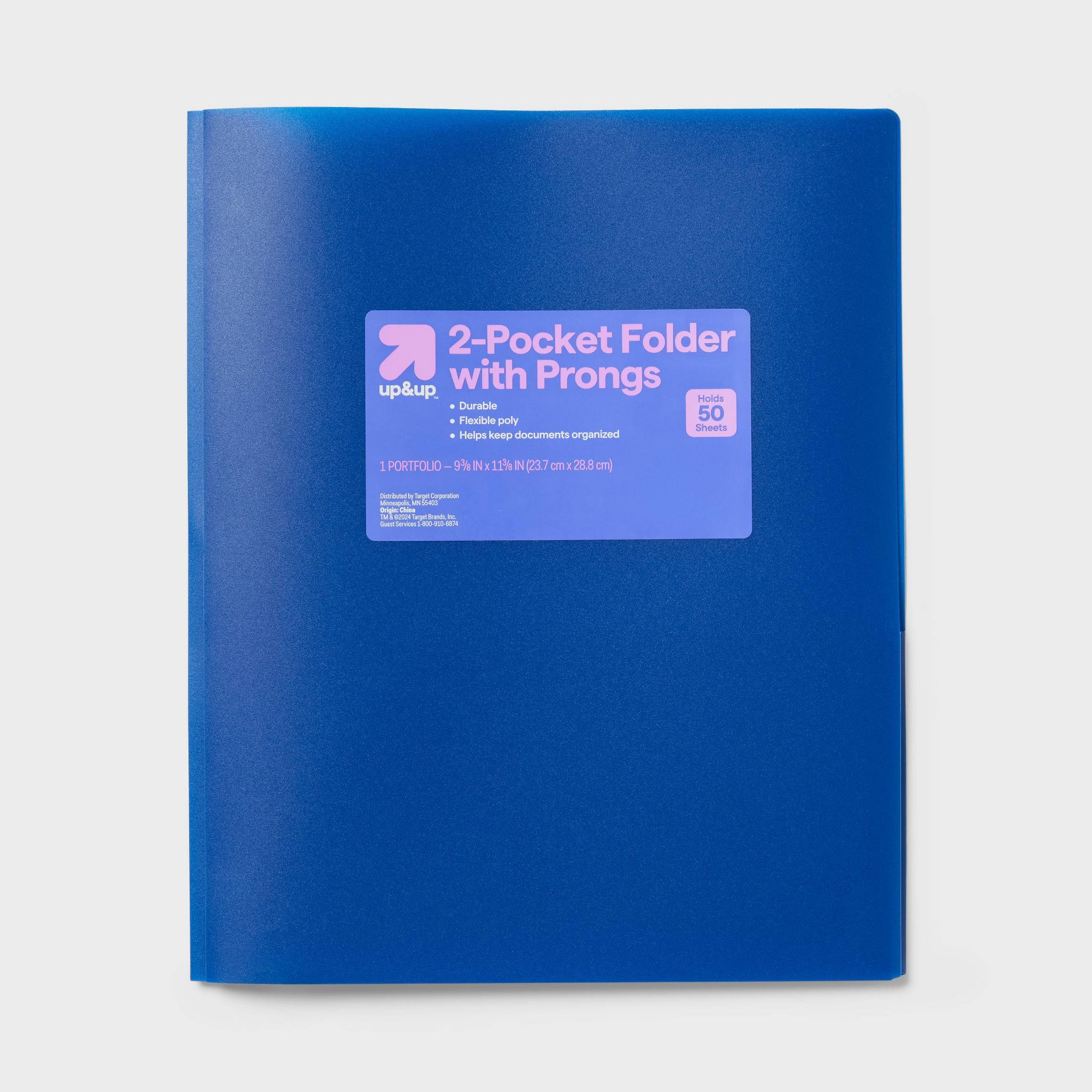 2 Pocket Plastic Folder with Prongs Blue - up&up™: School Supplies, Polypropylene, 50 Sheet Capacity, 2 Internal Pockets