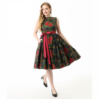 Unique Vintage Gothic Roses Sleeveless Cotton Swing Dress S/4