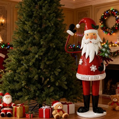 Cheerful Santa Claus Holding a Christmas Tree and Waving – Durable Iron Holiday Decor Figure for Home, Office or Party Display