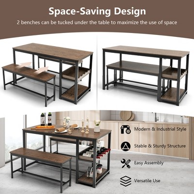 Rustic Brown and Black 3-Piece Dining Table Set with Storage