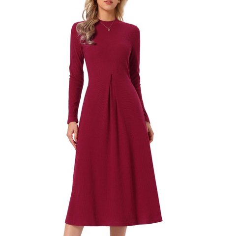 Женские платья INSPIRE CHIC Women's Casual Ribbed Knit Long Sleeve Crew Neck A-Line Long Dress Burgundy Large