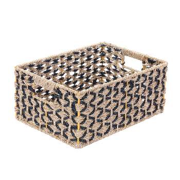 Villacera Rectangle Hand Weaved Wicker Baskets made of Water Hyacinth - Set of 2 Nesting Black and Natural Seagrass Bins