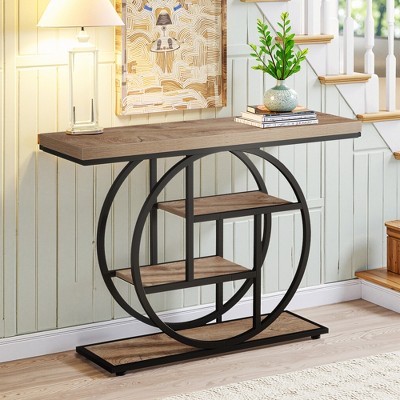 Lirago 41.3" Industrial Console Table 4 Tier Storage Shelf with Circle Base Rustic Brown Entryway Sofa Table for Living Room Hallway