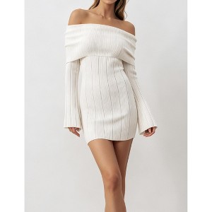 Women Off‑The‑Shoulder Ribbed Knit Mini Dress Long Flare Sleeve Bodycon Sweater Dress, White, L : Target