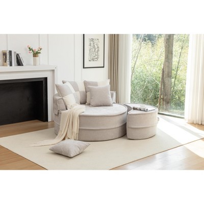 Grungis Round Chenille Single Sofa with Ottoman, Sleeper Accent Chair with 5 Pillows Soft Chenille Upholstered for Living Room
