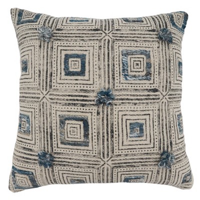 Saro Lifestyle Squares Embroidered Block Print Pillow - Down Filled, 20" Square, Blue