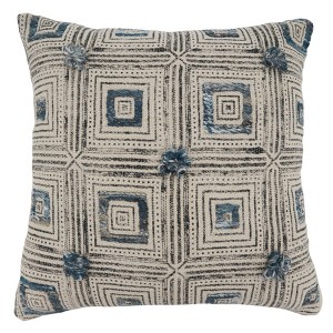 Saro Lifestyle Squares Embroidered Block Print Pillow - Down Filled, 20" Square, Blue - 1 of 3