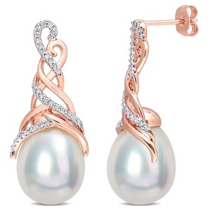 EVERLY JEWELRY | Rose Plated Sterling Silver 12 - 12.5 MM South Sea Cultured Pearl and 1/3 CT TDW Diamond Criss-Cross Drop Earrings - 1 of 4