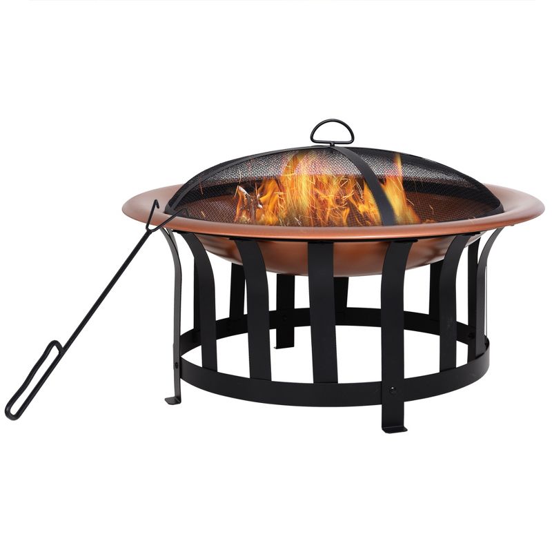 Outsunny 30" Outdoor Fire Pits, Copper-Colored Round Metal Camping Fire Pit, Firepit with Black Ornate Base, Poker, & Mesh Screen for Ember Protection, 1 of 9