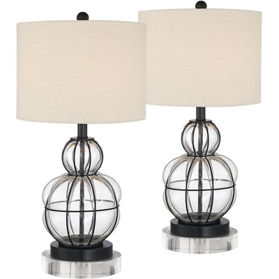 360 Lighting Country Cottage Table Lamps Set of 2 with Round Risers Dark Bronze Clear Glass Fabric Drum Shade Living Room Bedroom