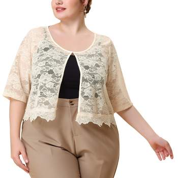 Agnes Orinda Women's Plus Size Sheer Shrug 1/2 Sleeve Lace Open Front Cardigan