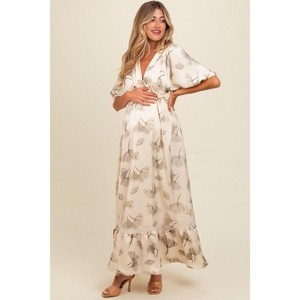 PinkBlush Cream Floral Chiffon Ruffle Accent Maternity Maxi Dress - 1 of 4