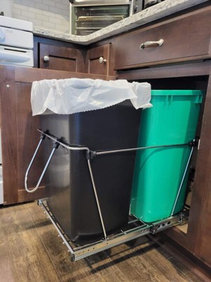 Rev-A-Shelf Pull Out Trash Can for Under Kitchen Cabinets 27 Qt 12 Gallon  Garbage Recyling Bin with Full Extension Slide, Green/Black, RV-15KD-1918C-S