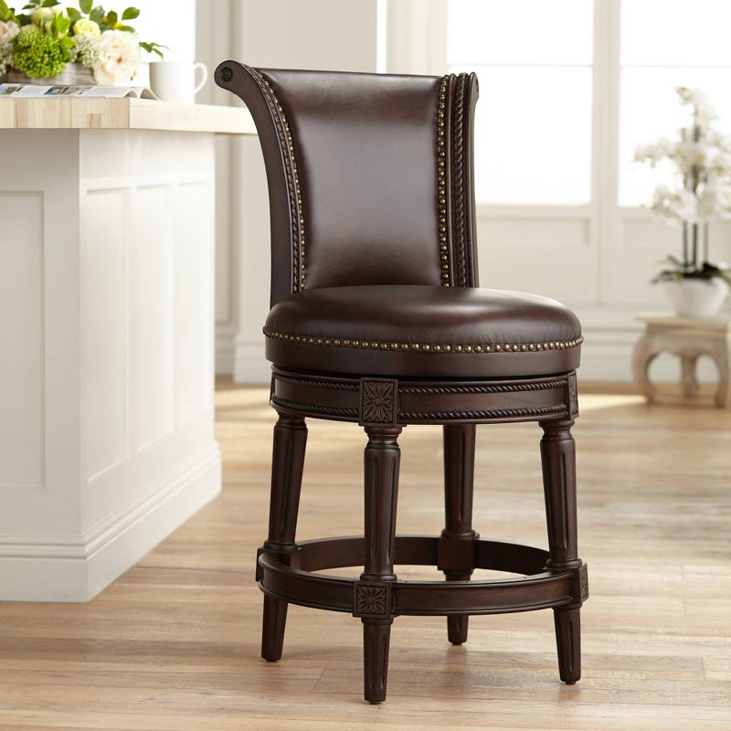 55 Downing Street Addison Walnut Swivel Bar Stool Brown 26" High Traditional Mocha Leather Cushion with Backrest Footrest for Kitchen Counter Height, 2 of 10