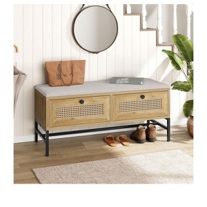 Khaki Rattan Shoe Bench with 2 Storage Drawers, Wooden Entryway Bench with Linen Cushion, Natural Oak Finish for Hallway and Bedroom Storage - 1 of 4