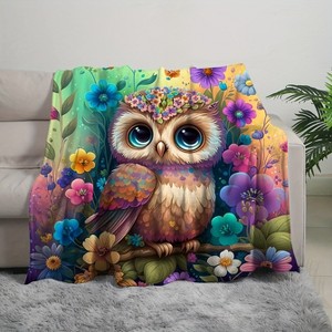 1pc Colorful Owl & Floral Print Flannel Blanket - Vibrant Digital Printed Design, All-Season Use for Office, Sofa, Bedroom Decor. - 1 of 4