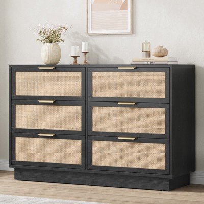 Rattan 6 Drawer Dresser, 47in Wide Black 6 Chest of Drawers with Metal Handles and Wooden Sturdy Base for Bedroom Living Room Nursery Closet